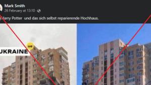 Egy időközben felújított kijevi épület képével próbálják bizonyítani, hogy az egész háború csak átverés