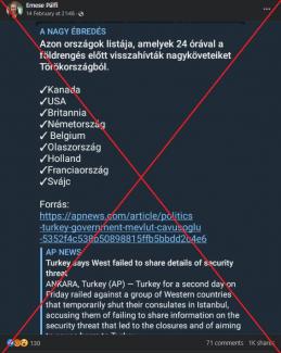 Ez a cikk nem bizonyítja, hogy visszahívták volna a nyugati nagyköveteket a törökországi földrengés előtti napon